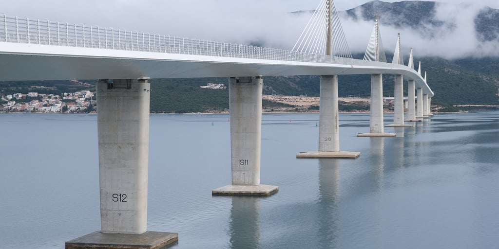 The Pelješac Bridge on its concrete piers across Mali Ston Bay, the road north from Dubrovnik to Split